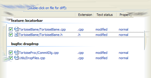 Commit dialog showing changelists
grouped together