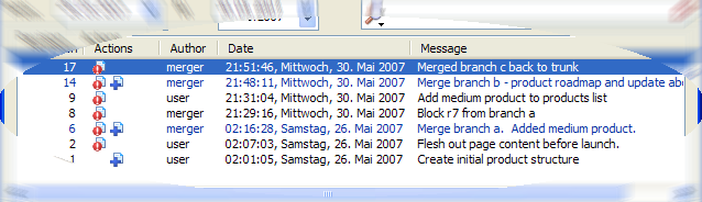 Log dialog showing entries
without merge history